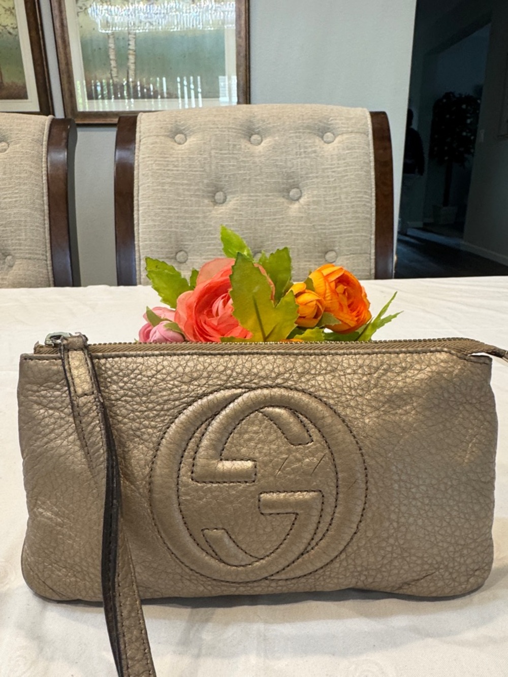Authentic Gucci Metallic Pewter Leather Wristlet Clutch - Picture 2 of 14